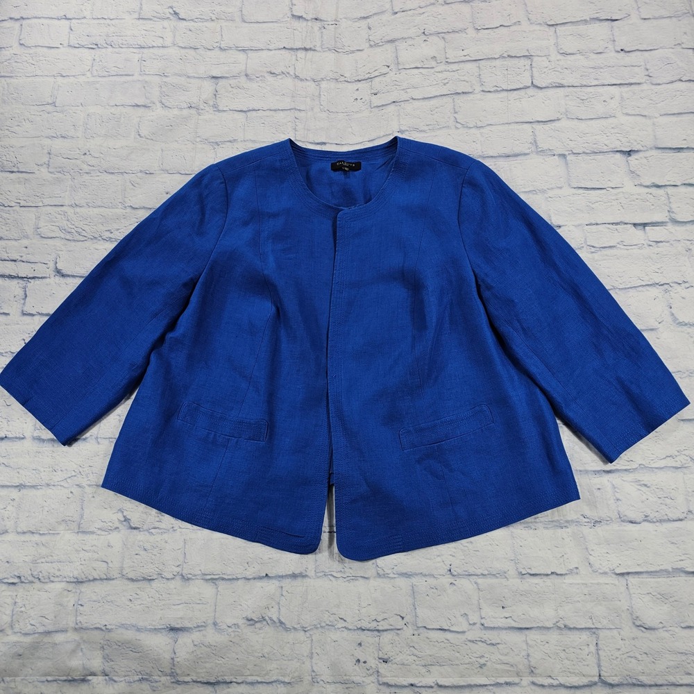 Talbots Linen Jacket Womens 22W Blue Collarless Open Front 3/4 Sleeve Plus Size